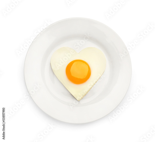 Plate with tasty fried egg in shape of heart and toast isolated on white, top view