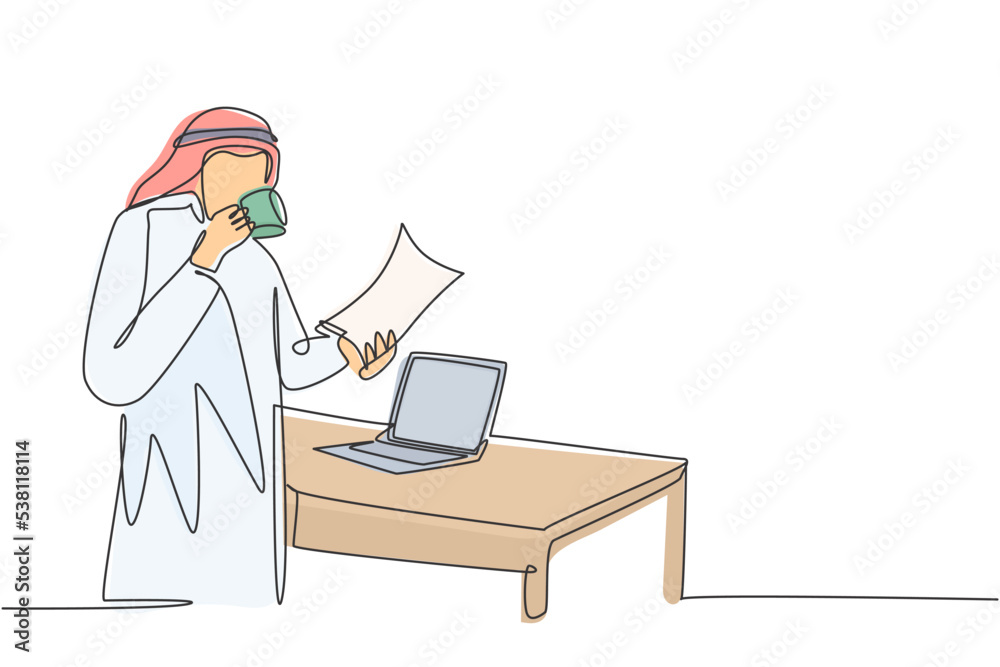 Single continuous line drawing of young muslim businessman reading business annual report. Saudi Arabian male with shmag, kandora, headscarf, thobe, ghutra. One line draw design illustration Single continuous line drawing of young muslim businessman reading business annual report. Saudi Arabian male with shmag, kandora, headscarf, thobe, ghutra. One line draw design illustration