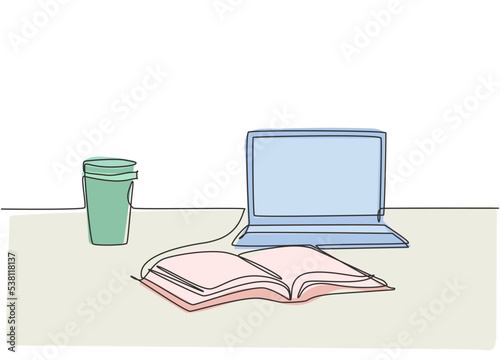 Single continuous line drawing of computer laptop, paper cup of coffee and open book on study table. College student study desk concept. One line draw design illustration
