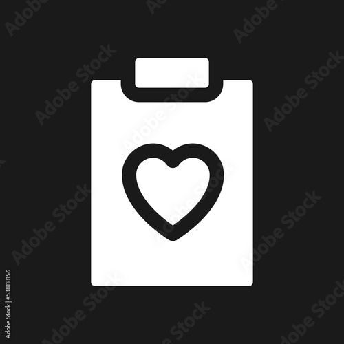 Health record dark mode glyph ui icon. Medical history. Heart checkup. User interface design. White silhouette symbol on black space. Solid pictogram for web, mobile. Vector isolated illustration