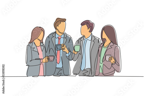 One single line drawing of young male and female office employees discussion together while office break time. Business talk concept. Continuous line draw design vector graphic illustration