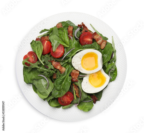 Delicious salad with boiled egg, bacon and tomatoes isolated on white, top view