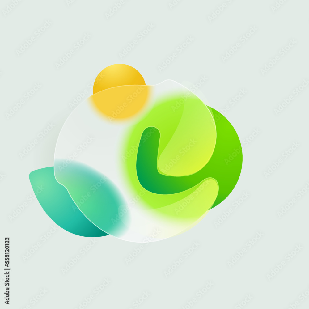 L letter eco logo in round splash with green leaf and sun. Realistic ...
