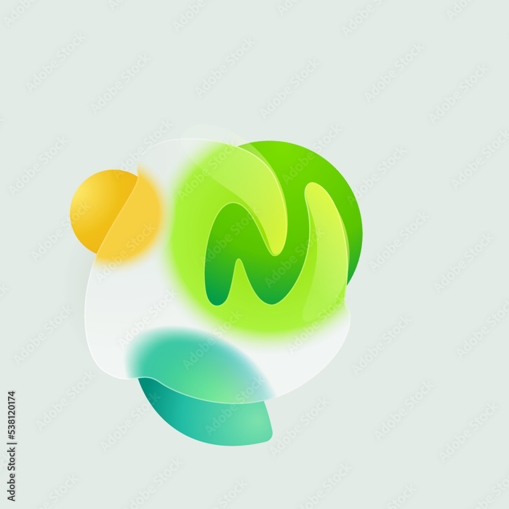 N letter eco logo in round splash with green leaf and sun. Realistic glassmorphism style translucent icon. N letter eco logo in round splash with green leaf and sun. Realistic glassmorphism style translucent icon.