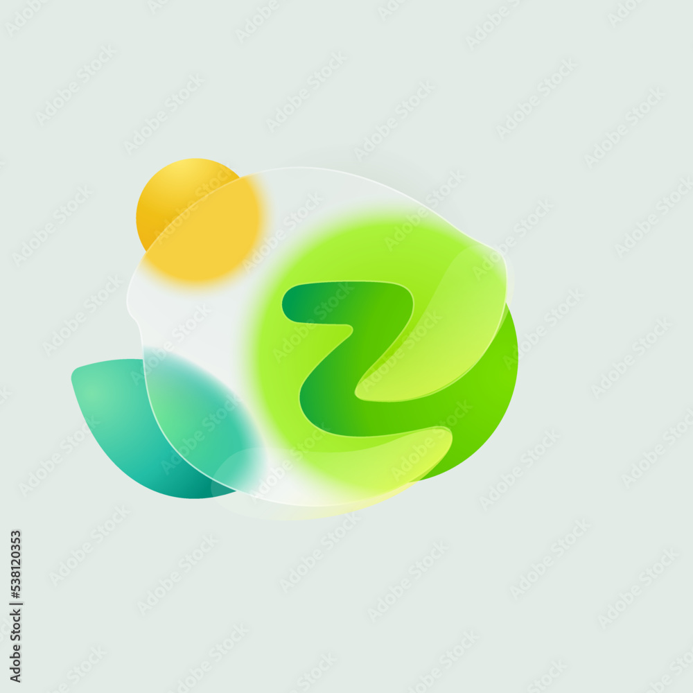 Z letter eco logo in round splash with green leaf and sun. Realistic glassmorphism style translucent icon. Z letter eco logo in round splash with green leaf and sun. Realistic glassmorphism style translucent icon.