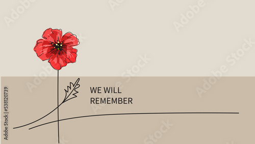 Red bright poppy flower, Vector doodle banner, poster for Remembrance Day, Memorial Day, Anzac Day.