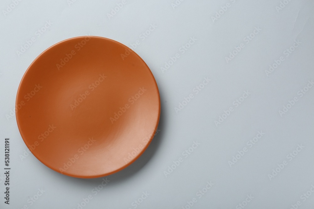 Clean orange plate on light grey background, top view. Space for text