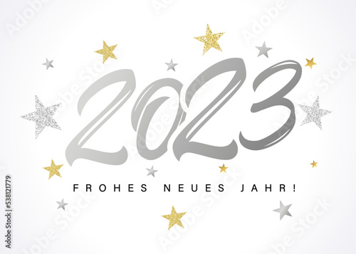 2023 Frohes Neues Jahr silver logo text design and stars. German text Frohes Neues Jahr, translate Happy New Year. Vector illustration with numbers and golden star photo