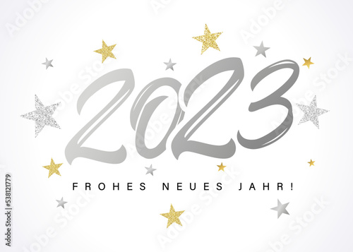 2023 Frohes Neues Jahr silver logo text design and stars. German text Frohes Neues Jahr, translate Happy New Year. Vector illustration with numbers and golden star