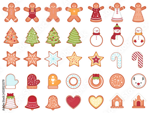 A set of gingerbread cookies for Christmas. Sweets, gifts, food, holiday. Vector, flat style. Cosiness.