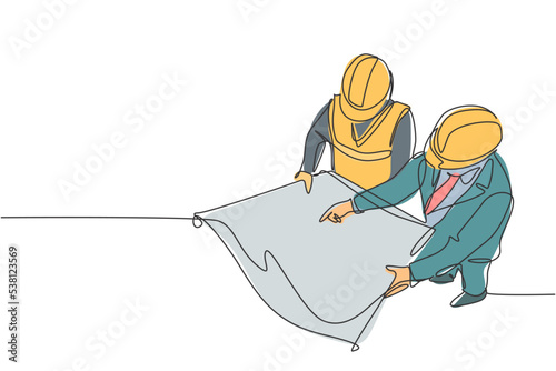 Single continuous line drawing of young company manager do quality control to sketch draft blueprint design. Building architecture business concept. One line draw vector graphic design illustration