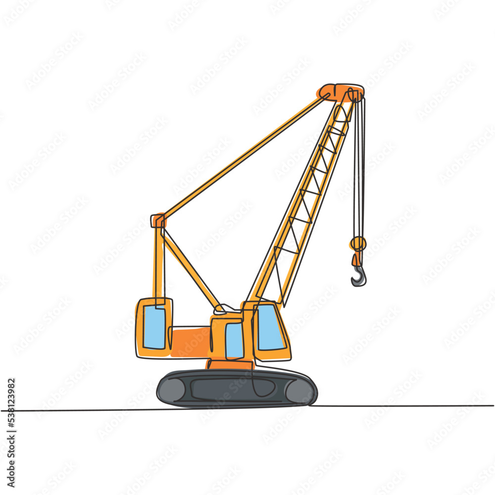 One continuous line drawing of crane truck for building construction, business commercial vehicles. Heavy construction trucks equipment concept. Dynamic single line draw design vector illustration