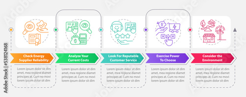 Picking energy supplier factors rectangle infographic template. Data visualization with 5 steps. Editable timeline info chart. Workflow layout with line icons. Myriad Pro-Bold, Pro-Regular fonts used