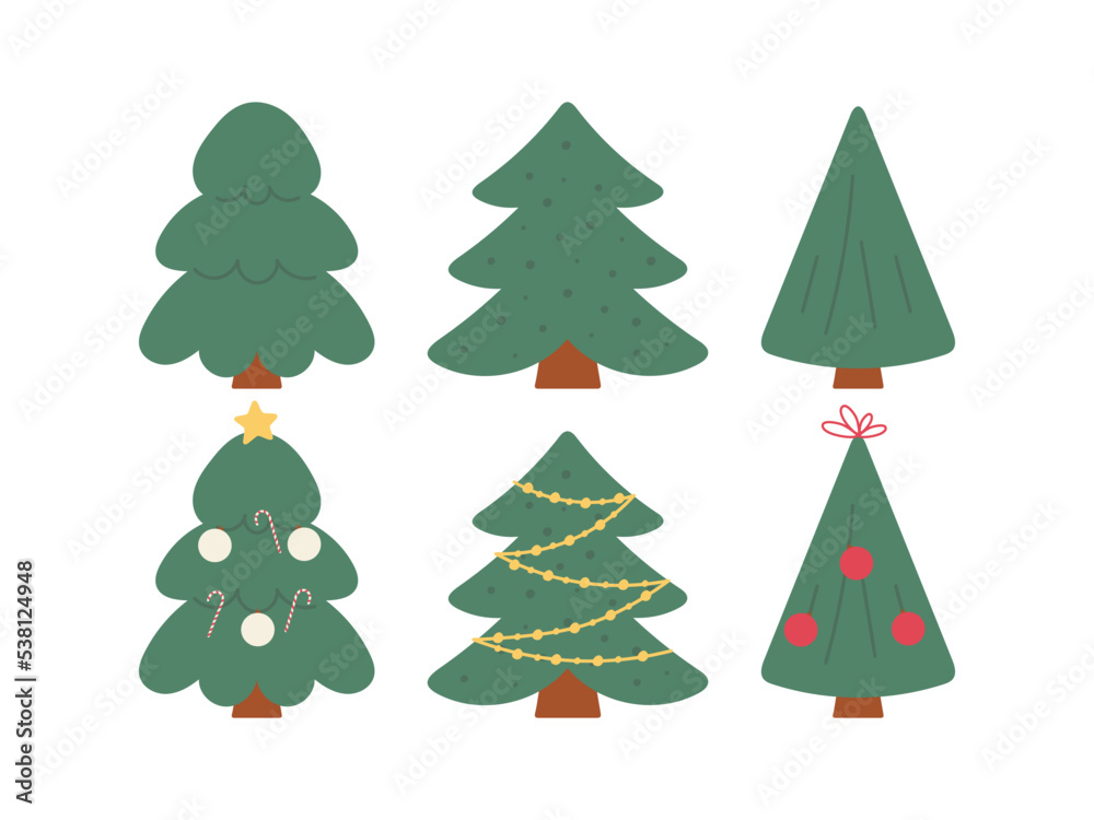 Set with Christmas tree. Vector illustration on a white background. For card, posters, stickers, banners, printing on the pack, printing on clothes, fabric, wallpaper.