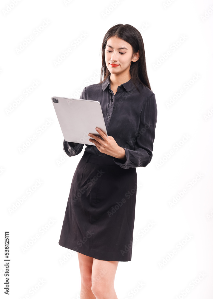 Business woman in black blouse and skirt on white background Business woman in black blouse and skirt on white background