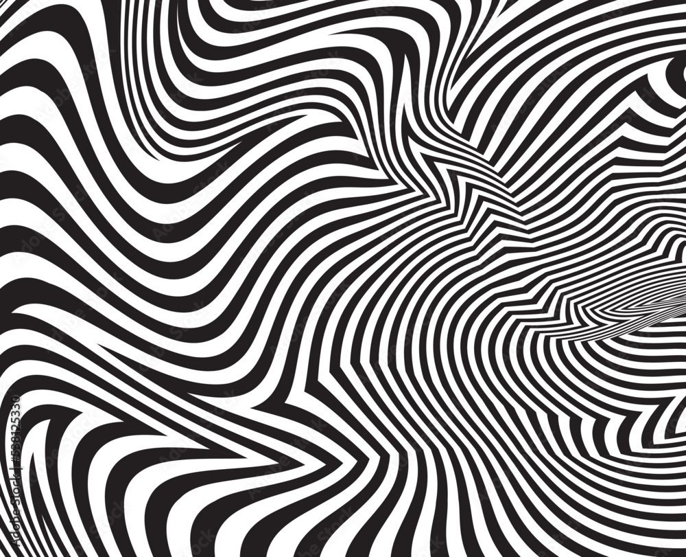 Line art optical art. Psychedelic background. Monochrome background. Optical illusion style. Black dark background. Tire Tracks. Graphic ornament. Vector template