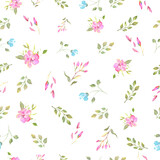 Watercolor  seamless pattern with abstract  blue, pink flowers, leaves. Hand drawn floral illustration isolated on white background. For packaging, wallpaper, wrapping  design or print. Vector EPS.
