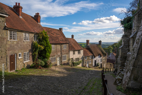 A view of the picturesque Gold Hill in the town of Shaftesbury in Dorset, UK. The hill was made famous by being in the iconic Hovis advert.