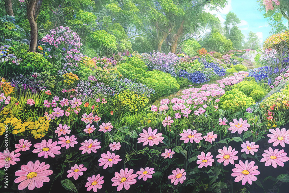 Park along the spring path through lovely garden landscape. Floral background in spring landscape Park along the spring path through lovely garden landscape. Floral background in spring landscape