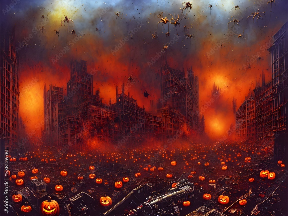 Burning futuristic city with remains and skulls on the ground, huge cinematic scene, white yellow and red lights, castles and amazing structures, halloween horror fantasy - obrazy, fototapety, plakaty 