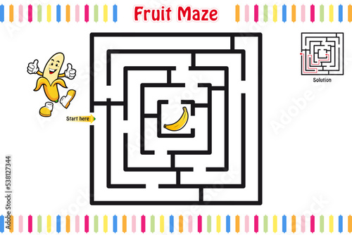 Maze puzzle, Educational maze for children with Fruits, Labyrinth for kids, isolated vector illustration, Mascot cartoon style, Fruits caracters