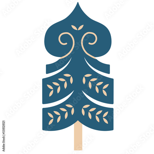 Scandinavian authentic minimal nordic spruce tree illustration on isolated background. Fir with folk nordic geometry ornaments in flat modern scandinavian style. 