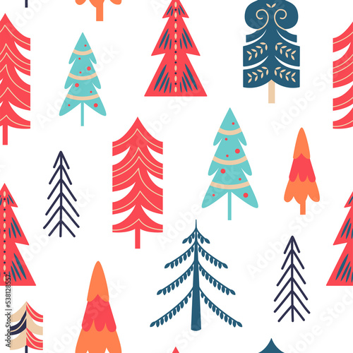 Scandinavian authentic minimal nordic seamless pattern with spruce trees on isolated background. Trees with folk nordic traditional ornaments in flat modern scandinavian style.
