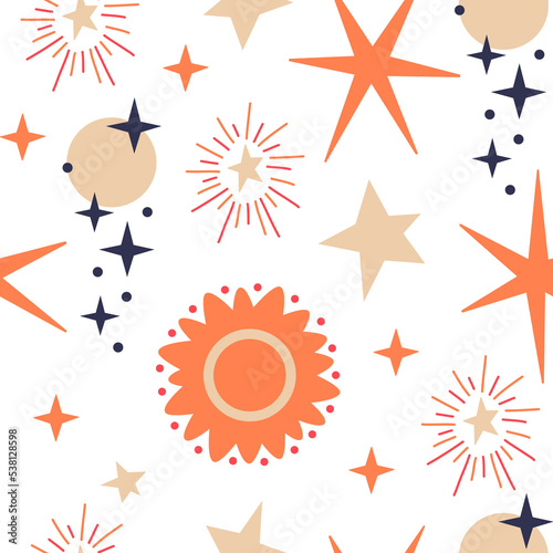 Scandinavian authentic minimal nordic seamless pattern with flash stars on isolated background. Stars with folk nordic traditional ornaments in flat modern scandinavian style. 