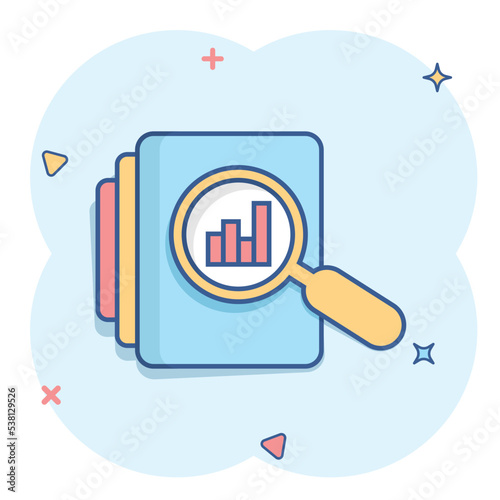 Audit document icon in comic style. Result report vector cartoon illustration on white isolated background. Verification control business concept splash effect.