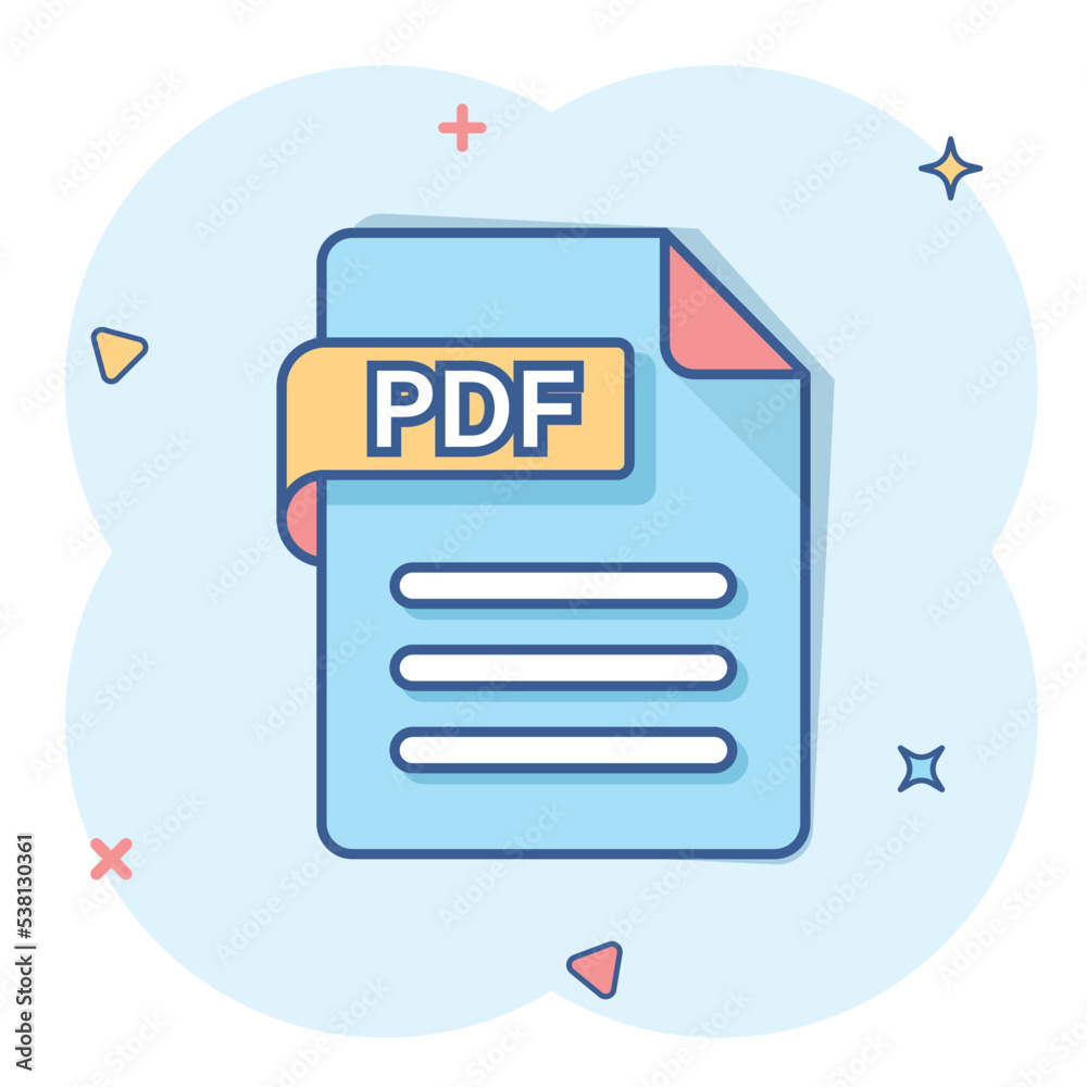 Pdf icon in comic style. Document text vector cartoon illustration on white isolated background. Archive splash effect business concept. Pdf icon in comic style. Document text vector cartoon illustration on white isolated background. Archive splash effect business concept.