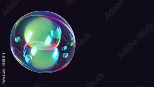 3D rendering of a soap bubble in front of a black background, post-modern minimalist atmosphere. High-tech, surreal feel. Can be used for banners, wallpapers, posters, invitations, and cards.