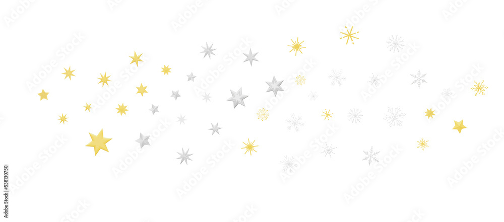 golden openwork shiny snowflakes, star, 3D rendering.