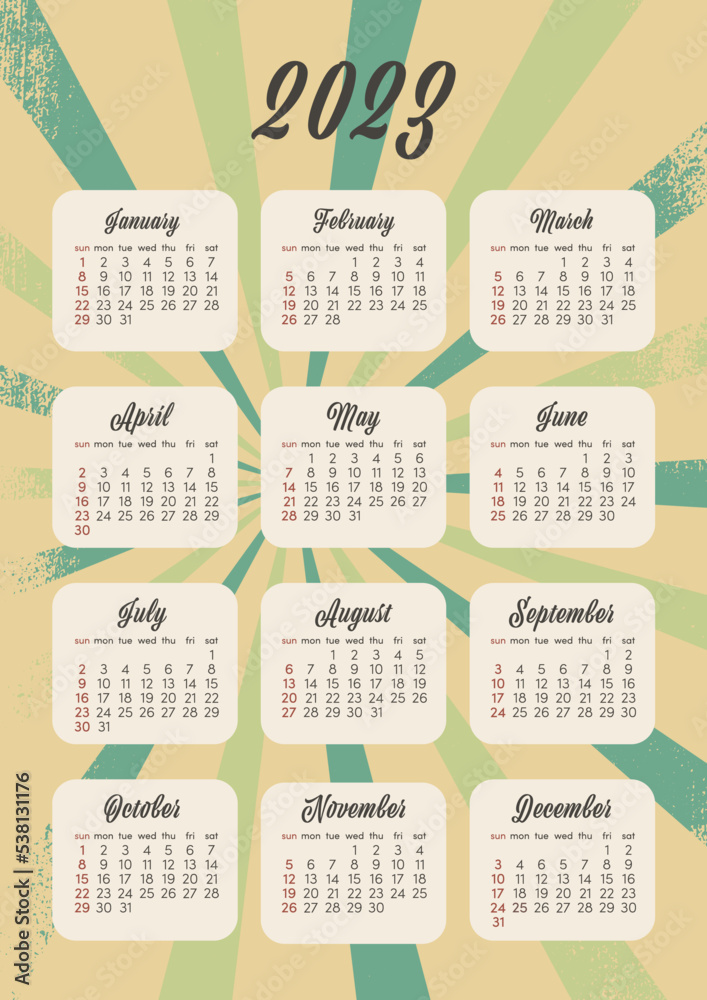 Calendar 2023 retro groovy wallpaper. Vertical single sheet with all months. The week starts on Sunday. A4