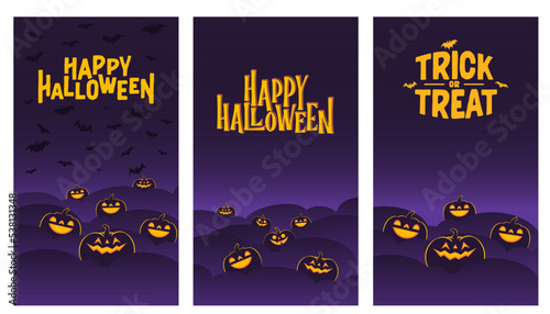 Happy Halloween banners. Vertical design for social media posts. Carved shinning pumpkins. Trick or treat.