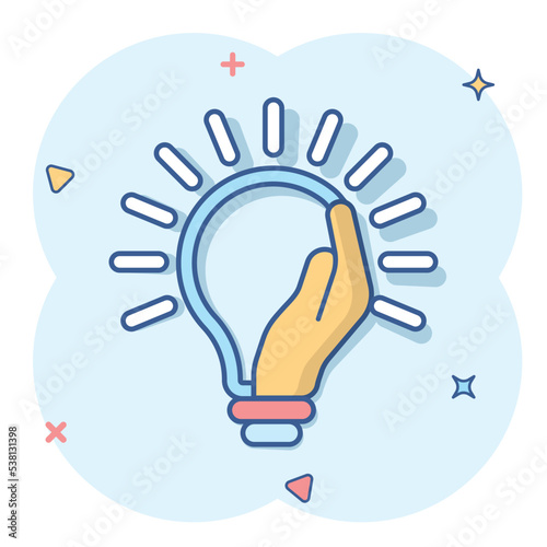 Lightbulb in hand icon in comic style. Bulb cartoon vector illustration on white isolated background. Lamp splash effect business concept.