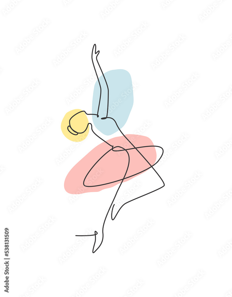 Obraz premium Single continuous line drawing pretty ballerina in ballet motion dance style. Beauty sexy dancer concept logo, Minimalist poster print art. Trendy one line draw design vector graphic illustration
