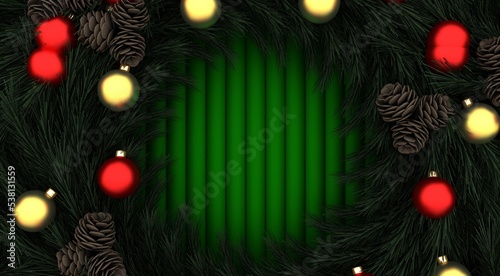 Christmas composition. Holiday Wishes on green Background with Fir Branches. For Greeting Card  Poster and Banner. Happy New Year Card. 3d rendering.