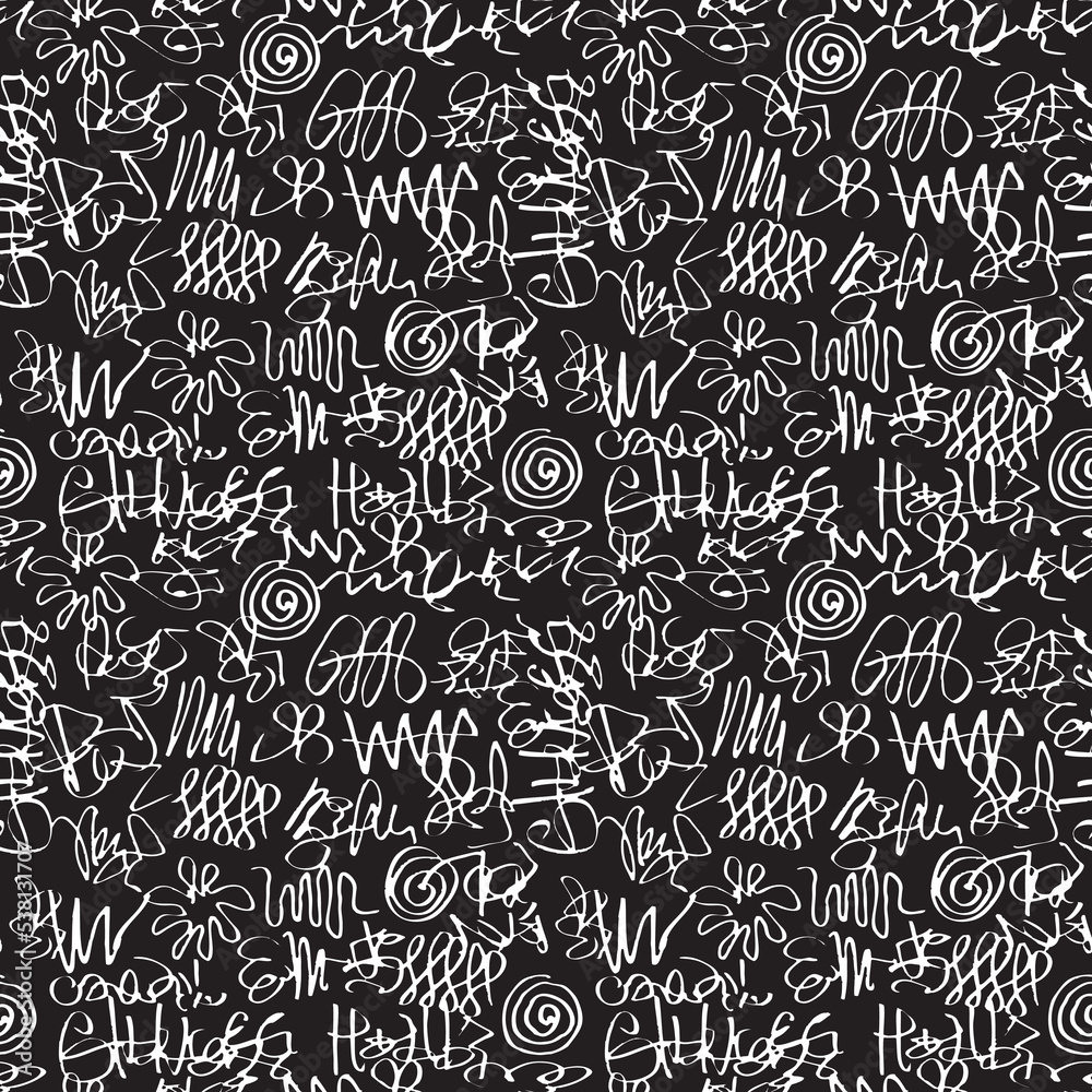 Seamless pattern with abstract doodles in a graffiti style. Vector hand-drawn texture with black squiggles on a white background. Endless background, graphic print for clothes, wrapping paper or Wallp