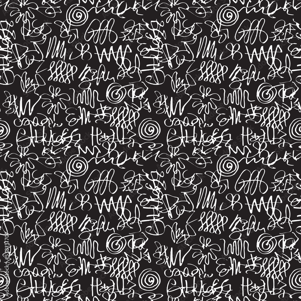 Seamless pattern with abstract doodles in a graffiti style. Vector hand-drawn texture with black squiggles on a white background. Endless background, graphic print for clothes, wrapping paper or Wallp Seamless pattern with abstract doodles in a graffiti style. Vector hand-drawn texture with black squiggles on a white background. Endless background, graphic print for clothes, wrapping paper or Wallp