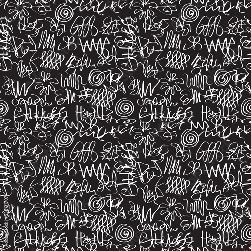 Seamless pattern with abstract doodles in a graffiti style. Vector hand-drawn texture with black squiggles on a white background. Endless background, graphic print for clothes, wrapping paper or Wallp © paseven