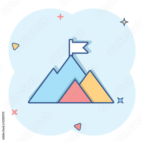 Mission champion icon in comic style. Mountain cartoon vector illustration on white isolated background. Leadership splash effect business concept.