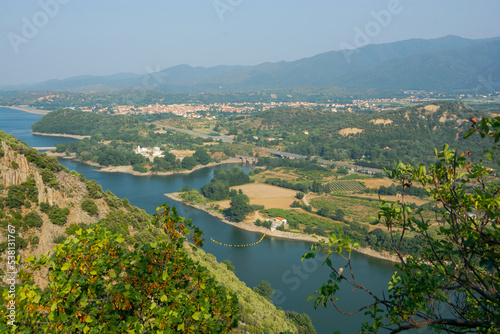 View of a beautiful mountain landscape, fields and a river in the Pyrenees