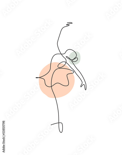 One continuous line drawing woman beauty ballet dancer in elegance motion. Sexy girl ballerina performs art dance concept. Wall decor print. Dynamic single line draw design vector graphic illustration