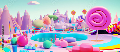 paesaggio surreale illustrato con laghetto e montagne fatto di caramelle, mentine, lecca lecca, colorato, banner photo