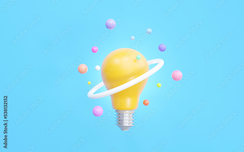 Glowing yellow bulb with ball ring Modern geometry. concept of creativity, new innovation Knowledge, and learning. 3D rendering illustration