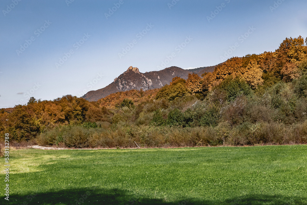 Fototapeta premium Field and forest on the background of Turkey Mountain - 859 meters high, located on the territory of the forest reserve. The surroundings of the mountain are very popular among rock climbers.