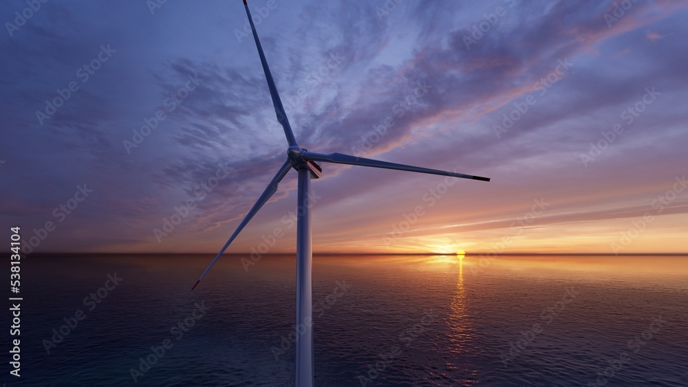 Wind turbine farm with rays of light at sunset.  3d rendering.