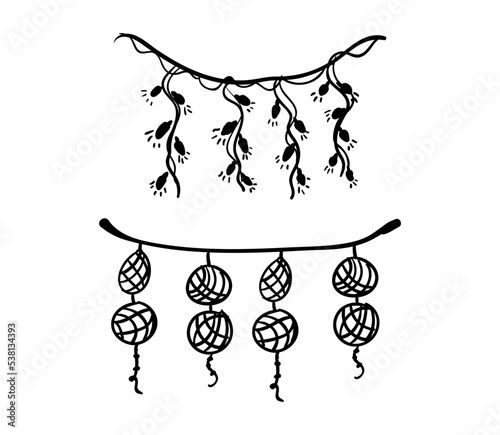 Linear decorative elements in the form of garlands, pendants, flags and ribbons. Hand drawing style.