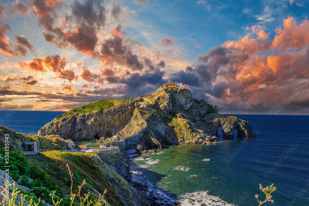 San Juan de Gaztelugatxe-Basque Country, Spain. View on the hermitage dedicated to Saint John the Baptist on a rocky Gaztelugatxe islet in Biscay region