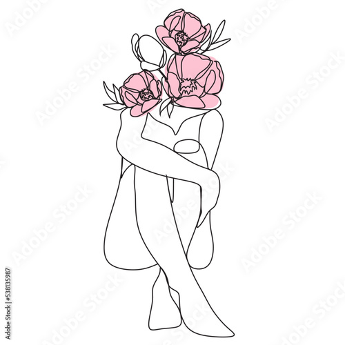 A woman with a bouquet of peonies. One line drawing. Line art. Vector art.